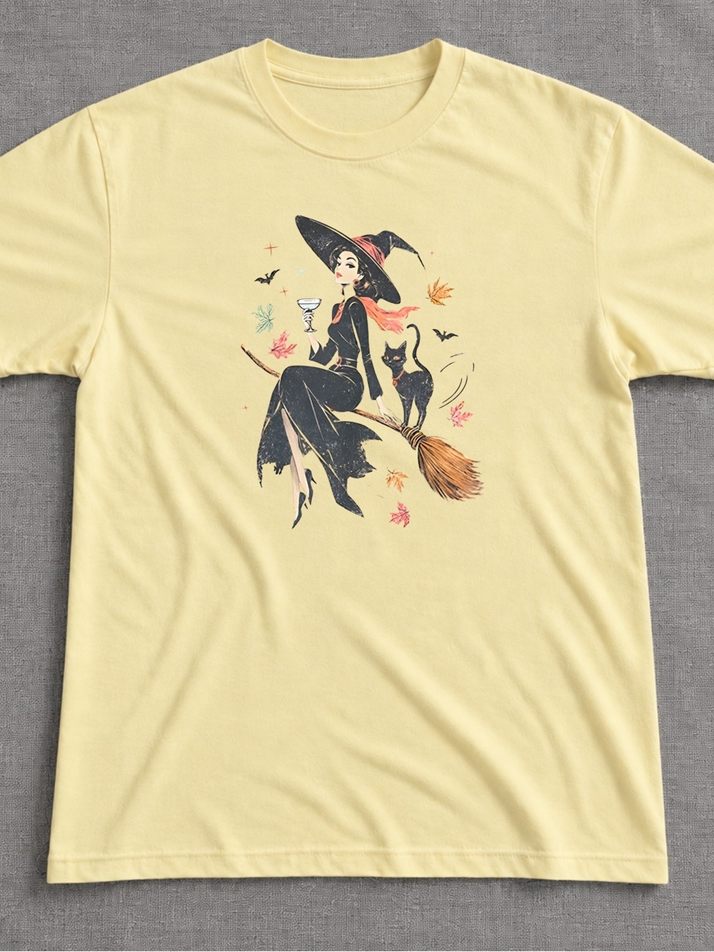 Gildan Pale Yellow Witch and Black Cat Graphic Tee
